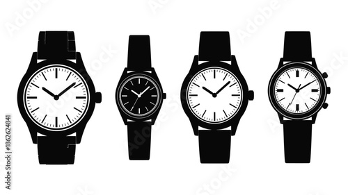 Four different styles of wristwatches presented in black and white silhouette