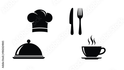 Culinary icons representing food service and dining a dark silhouette