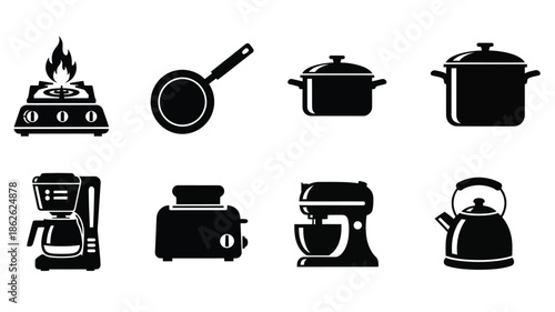 Black kitchen appliances and cookware set in a minimalist silhouette