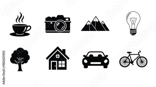 Collection of minimalist icons representing hobbies and lifestyle silhouette