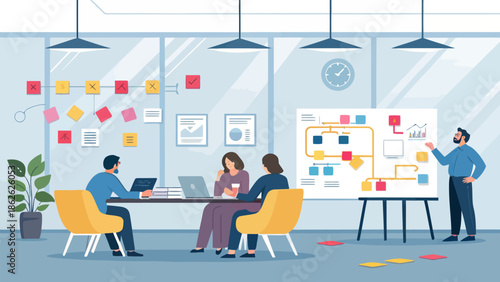 Modern Corporate Workflow and Process Management Illustration with Professional People Collaborating in Office