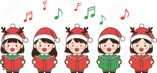 Cute Christmas Carol Kids Singing with Song Books, Santa Hats, and Musical Notes Cartoon Vector Illustration