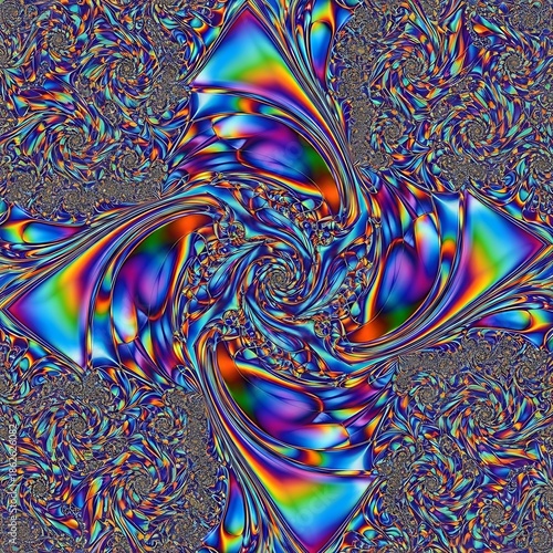 Symmetrical fractal design displays vibrant iridescent colors swirling into intricate spiral patterns