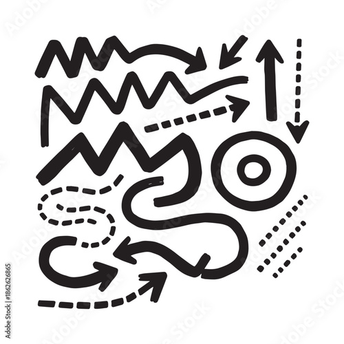  Set of Hand Drawn Black Marker Arrows Zigzag Lines and Dotted Swirl Elements.