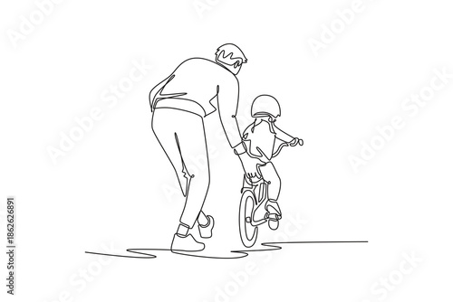 Continuous one line drawing rear view father guiding his son bike as they move. Parent role in pointing way forward and providing early stability. Single line draw design vector graphic illustration