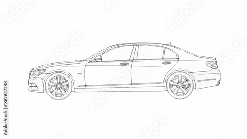 Detailed Line Art of a Sleek Sedan Car.