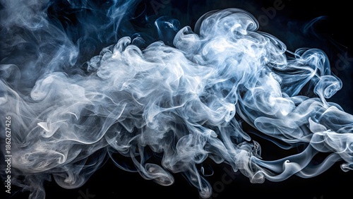 Abstract blue and white smoke swirling on black background