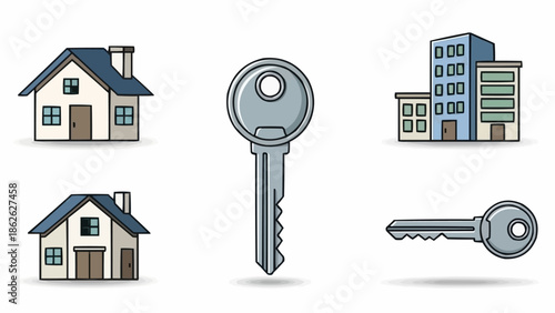 Real Estate Concept with Houses, Apartment Building, and Keys.