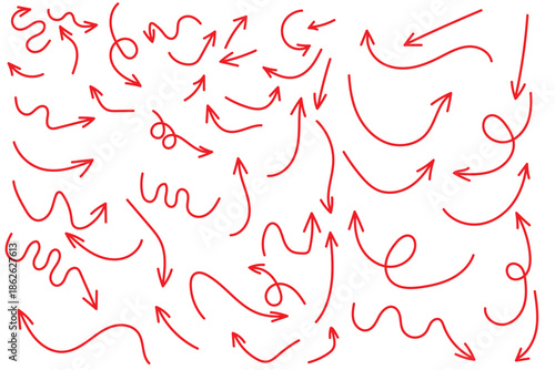 Hand drawn line arrows icons set collection. Arrow vector elements hand drawn arrows brush stroke curly arrow collection. Vector illustration isolated on white background