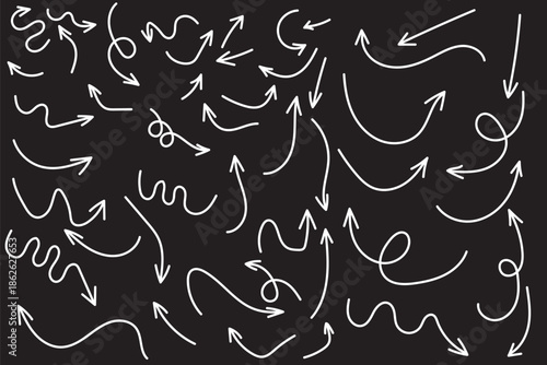 Hand drawn line arrows icons set collection. Arrow vector elements hand drawn arrows brush stroke curly arrow collection. Vector illustration isolated on white background