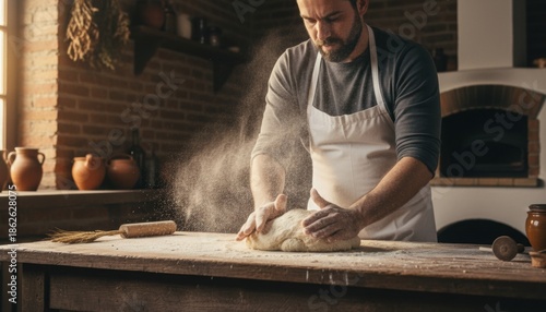 Bearded male baker in a white apron kneading fresh bread dough on a rustic wooden table, with flour dusting the air in a warm, sunlit kitchen with a brick oven