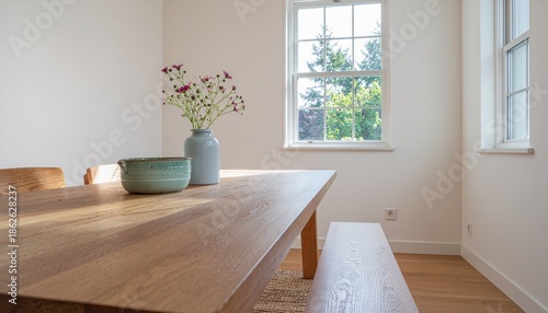 Bright and minimalist dining room with a wooden table, bench, flowers in a vase, and a large window overlooking green trees.