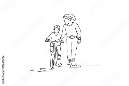 Continuous one line drawing mother walking alongside her son on bicycle. Support, gentle encouragement required for child to gain riding confidence. Single line draw design vector graphic illustration
