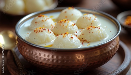 Delicious Indian dessert, Rasmalai or Rasgulla, served in a traditional copper bowl with creamy milk and garnished with spices.