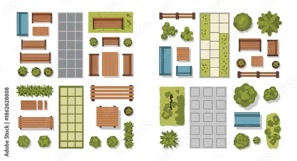 Φωτογραφία Overhead view of various park elements including benches trees and walkways