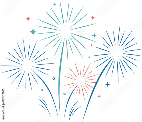 Colorful firework bouquet vector with teal blue and red exploding starbursts and festive sparkles