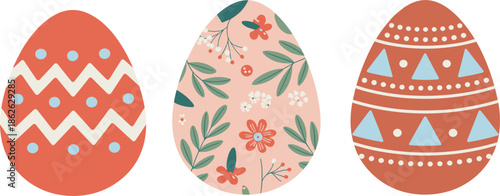 Set of decorative Easter eggs with hand drawn floral patterns and geometric folk art designs
