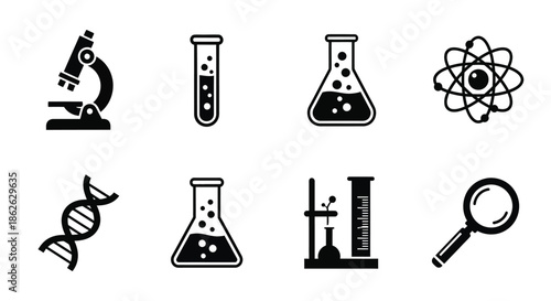 Scientific research equipment icons including microscopy glassware and dna structure