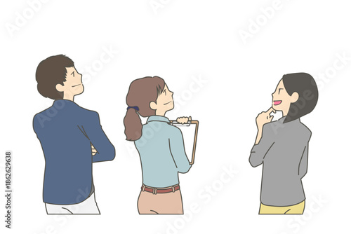 ミーティング中のカジュアルな服装の若い男女3人の背後からのイラスト