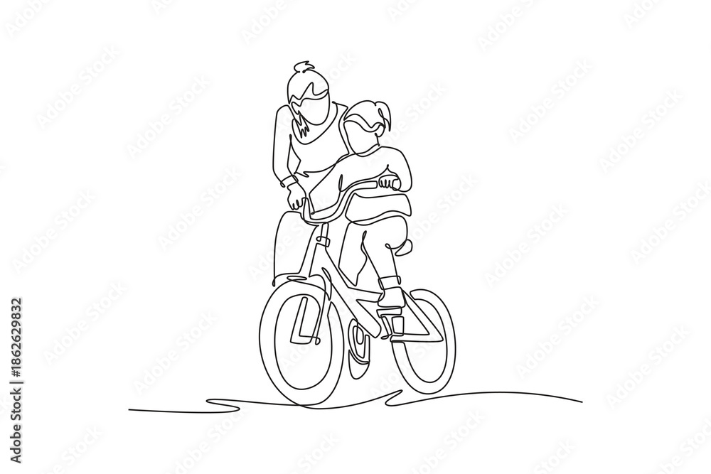 Fototapeta premium Single continuous line drawing mother and child riding together on bike, emphasizing shared adventure, physical closeness, exploring outdoor as family. One line draw graphic design vector illustration