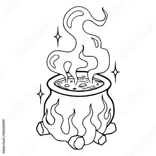 magical cauldron with steaming potion outline vector