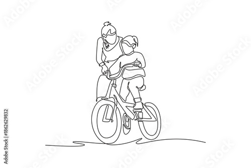 Single continuous line drawing mother and child riding together on bike, emphasizing shared adventure, physical closeness, exploring outdoor as family. One line draw graphic design vector illustration