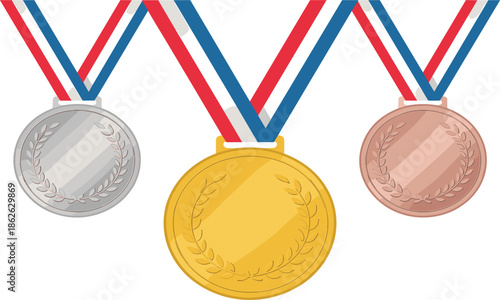 Set of gold silver and bronze sports medals with laurel wreaths and patriotic red white and blue ribbons