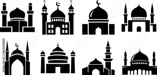 Collection of mosque silhouettes with domes and minarets
