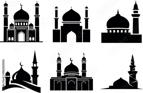 Collection of mosque silhouettes in various architectural styles