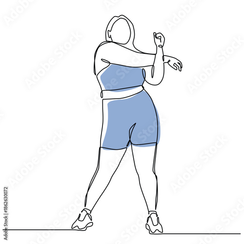 Curvy woman doing stretching one line drawing. Curvy woman doing stretching single line illustration. Curvy woman doing stretching minimalist line art. Curvy woman doing stretching vector art