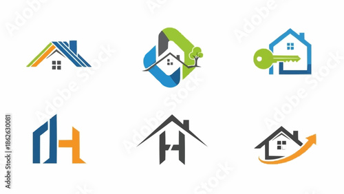 Collection of real estate logo designs featuring houses and keys.
