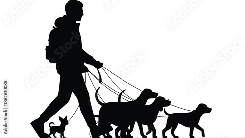 Dog Walker Silhouette with Multiple Dogs on Leashes Outdoor Pet Care Black Vector Illustration
