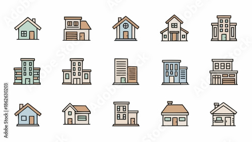 Collection of House and Building Icons in Outline Style.
