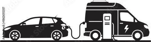 An electric car charges a camper van with a cable