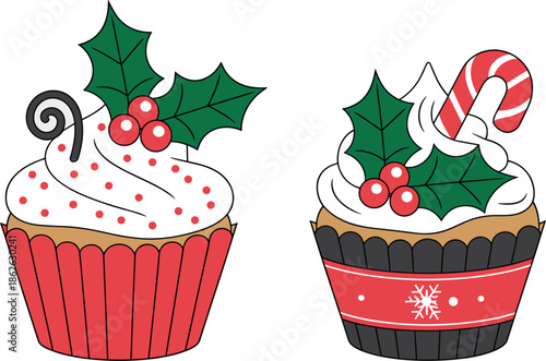 Set of Christmas cupcakes with white frosting, red holly berries, candy canes, and festive sprinkles