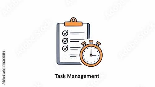 Task Management Illustration - Clipboard with Checklist and Stopwatch for Time Tracking.