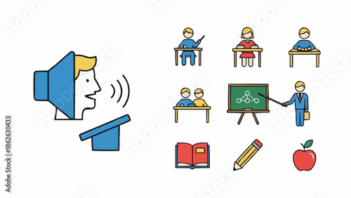 Illustration of education and learning process with teacher and students.