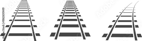 Railway track perspective vector illustration showing straight and curved railroad paths, transportation infrastructure concept, minimalist black design isolated on white background