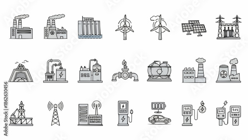Collection of Industrial and Energy Production Icons Representing Various Power Sources.
