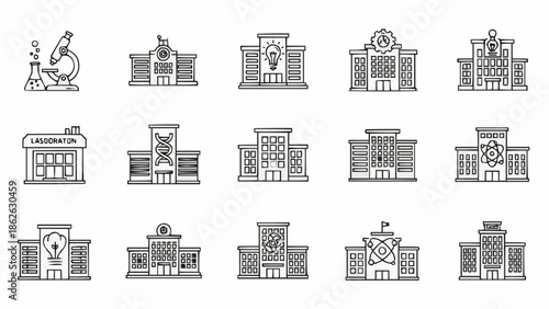 Collection of Diverse Educational and Scientific Building Icons.