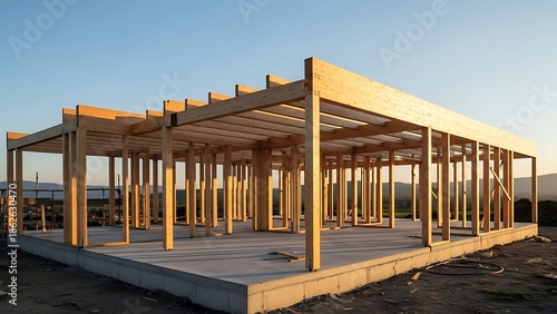 Wooden frame construction standing prominently against a clear sky backdrop