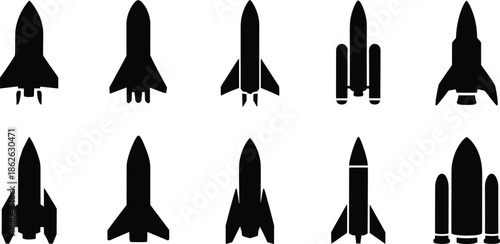 Rocket silhouettes collection illustration featuring space launch vehicles, missiles and spacecraft icons, black vector aerospace designs isolated on white background