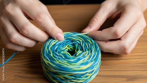 Woman's Hands Working with a Vibrant Teal and Yellow Yarn Ball
