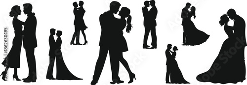 Romantic couple silhouettes collection, dancing kissing lovers, wedding and dating poses, love relationship illustration isolated on white background vector set