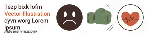 Emotional wellness, physical health, resilience, conflict, stress management, medical awareness. Sad face emotion, boxing glove heartbeat symbol. Emotional wellness and physical health concept