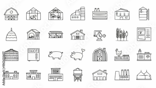 Collection of Farm Buildings and Animals Icons.