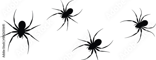 Spider silhouettes set illustration, spooky arachnids insects, Halloween horror design elements, black vector icons isolated white background design graphic art