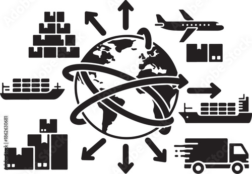 A black and white illustration of global logistics and transportation