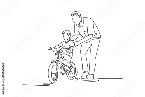Single one line drawing father walking alongside, holding back of bicycle seat as his son pedals. Early stages of balance, parental assistance. Continuous line draw design graphic vector illustration