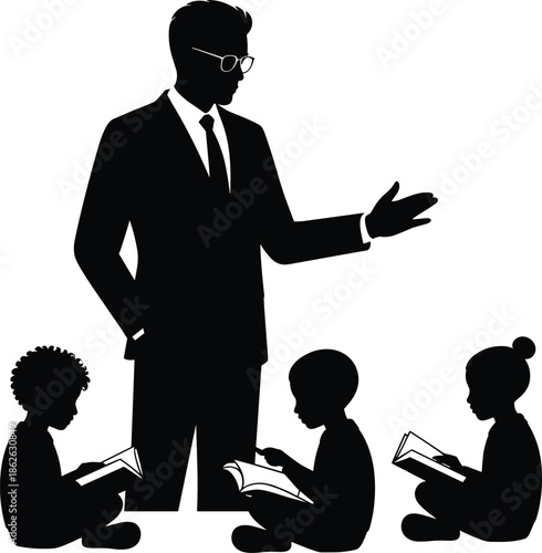 Teacher instructing children reading books silhouette, education learning concept, classroom guidance, mentorship knowledge sharing illustration, academic development inspiration scene